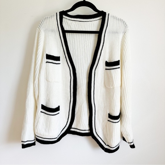 Preppy Classic White Black Varsity Open Cardigan Sweater sz Small - Picture 1 of 11